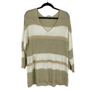Soft Surroundings Sweater Women's Large Striped Pullover V-Neck Knitted Neutral